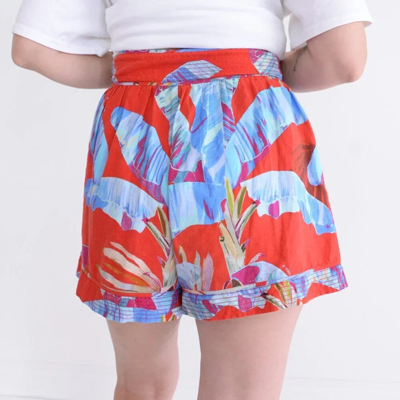 Farm Rio Red & Blue Floral Palm Tree 55% Linen Pull On High Waisted Shorts S - Picture 3 of 11